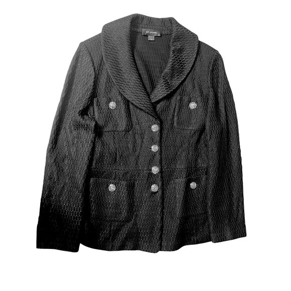 St. John Black Textured Knit Blazer Jacket Gold Buttons Size 14 USA - Picture 3 of 10